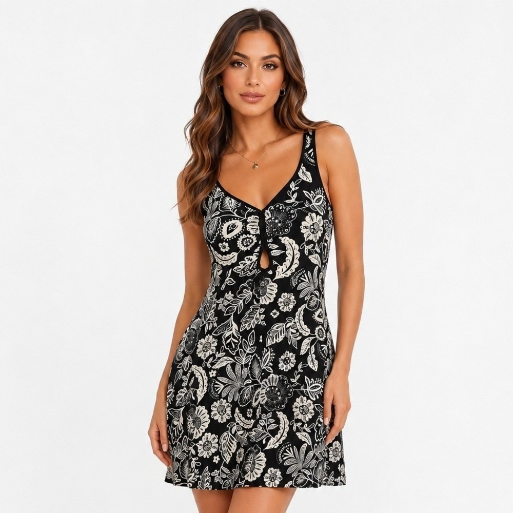 Z Supply Hallie Luz Floral Mini Dress Black Cream V-Neck Sleeveless Large NEW